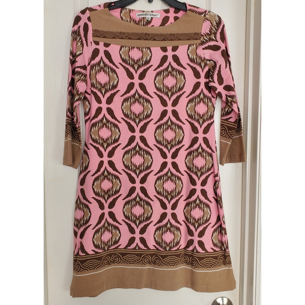 Lightweight Pink Brown Ikat Medallion Shift Dress 3/4 Sleeve Womens Small Casual